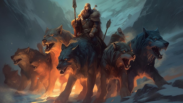 A band of fierce warriors riding into battle on the backs of giant wolves Fantasy concept Illustration painting Generative AI