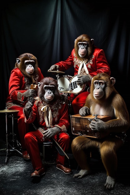 band the musicians in the band are monkeys the band stands on the music stage Generative AI