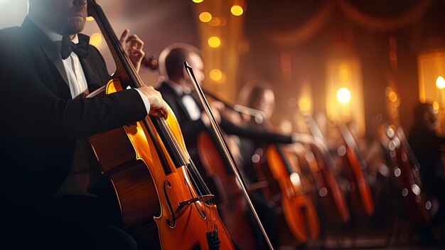 a band of musicians on stage with a man playing cello