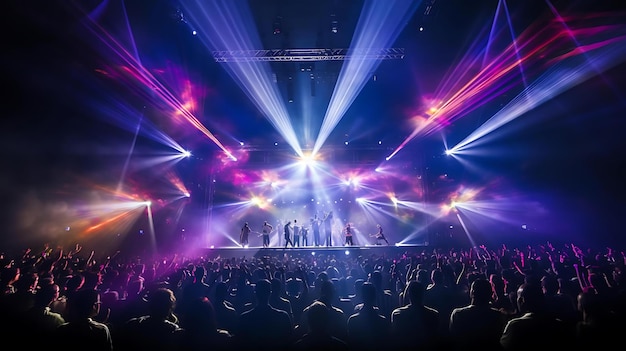 A band of people are standing in front of a stage with lights on it