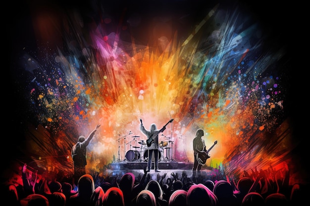 A band performing at a concert with a colorful background.