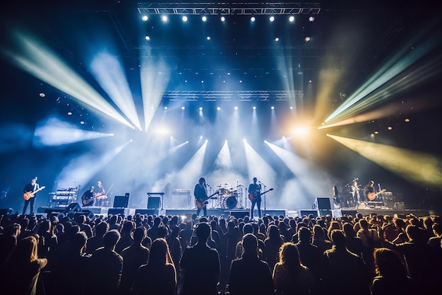 A band performs at a concert with a crowd watching.