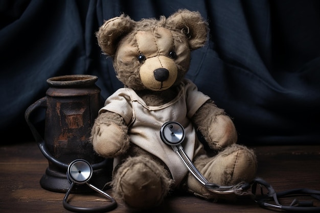 Bandaged Plush Teddy Bear with Stethoscope Generative By Ai
