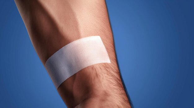 Bandaid on arm on blue background