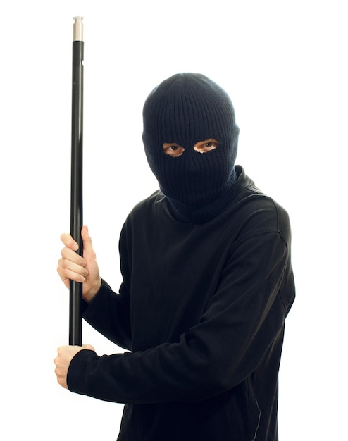 Bandit in black mask with pipe isolated on white