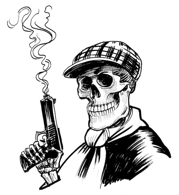 bandit skeleton with a smoking gun handdrawn ink black and white sketch