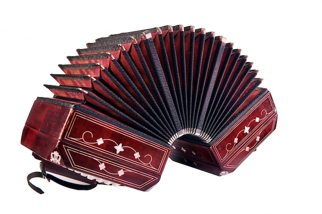 Bandoneon, tango-instrument, op wit wordt geïsoleerd dat