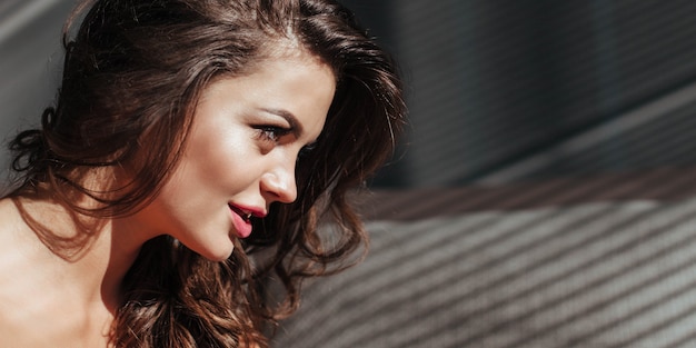 Baner close-up van het verleidelijke gezicht van de brunette met mooie make-up en sexy luxe lippen