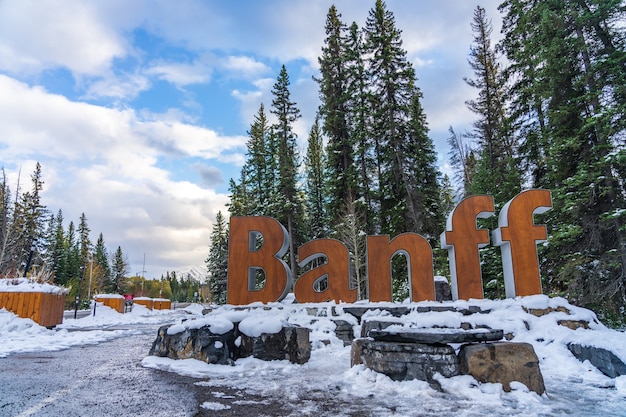 Banff Town Sign in snowy winter. Banff National Park, Canadian Rockies. Banff, Alberta, Canada