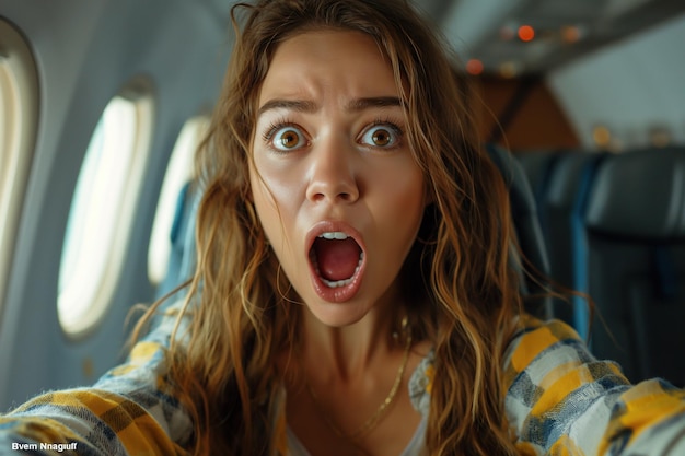 bang bang angstig bang vrouwelijke passagier schreeuwt van aerofobie in het vliegtuig tijdens de vlucht