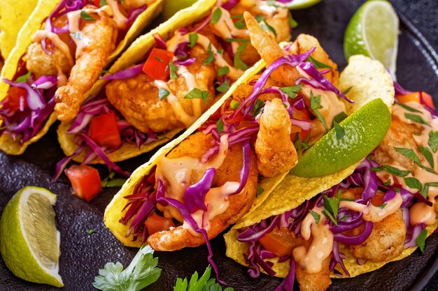 Foto bang bang shrimp tacos sulla piastra nera con salsa