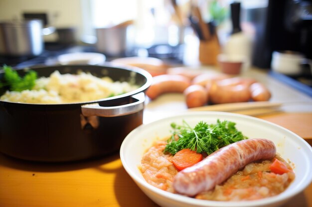 Bangers and mash during preparation on kitchen counter