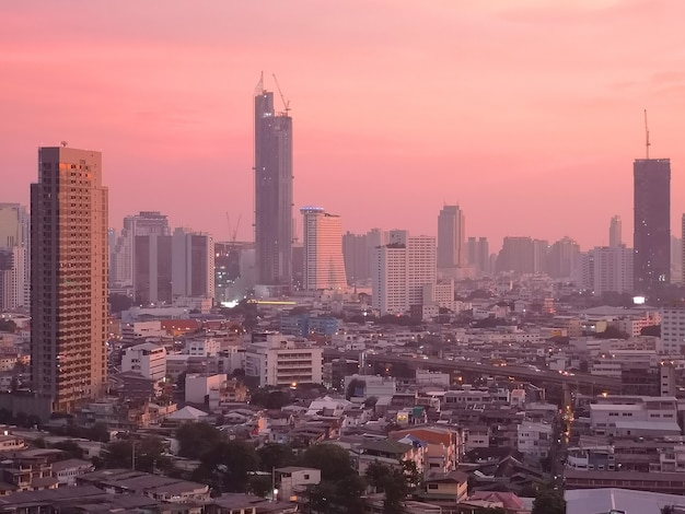 Bangkok city skyline at sunset in Thailand