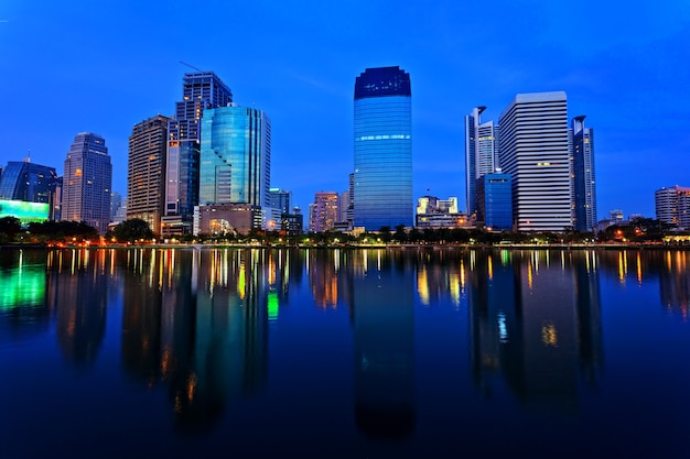 Bangkok in evening, reflection of buildings in water