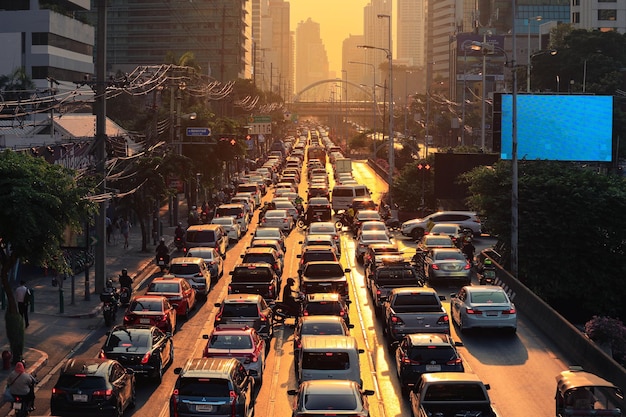 Бангкок, Таиланд 11 февраля Рано утром движение движется медленно по оживленной дороге в городе Бангкоке.