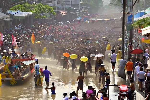 Bangkok Thailand April 13 2025 Crowds celebrate Songkran the Thai New Year Bangkok Thailand