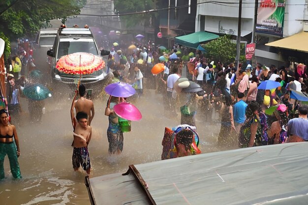 Бангкок, Таиланд 13 апреля 2025 года Толпа людей празднует Songkran, тайский Новый год в Бангкоке, Таиланд