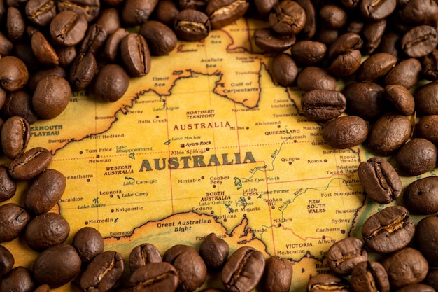 Bangkok Thailand March 14 2023 Coffee bean on Australia map import export trade online commerce concept