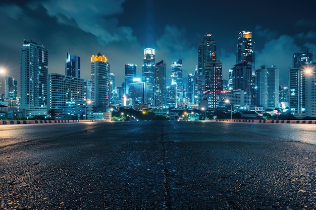 Bangkok urban cityscape skyline night scene with empty asphalt floor on front