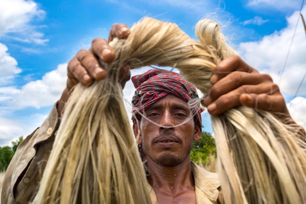 Foto bangladesh 06 agosto 2019 un lavoratore del bangladesh che mostra la fibra di iuta bagnata a madhabdi narsingdi bangladesh