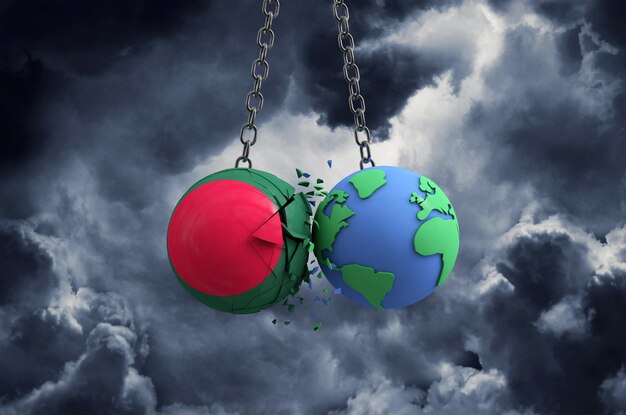 Photo bangladesh flag ball smashing into planet earth global impact and disaster concept d render