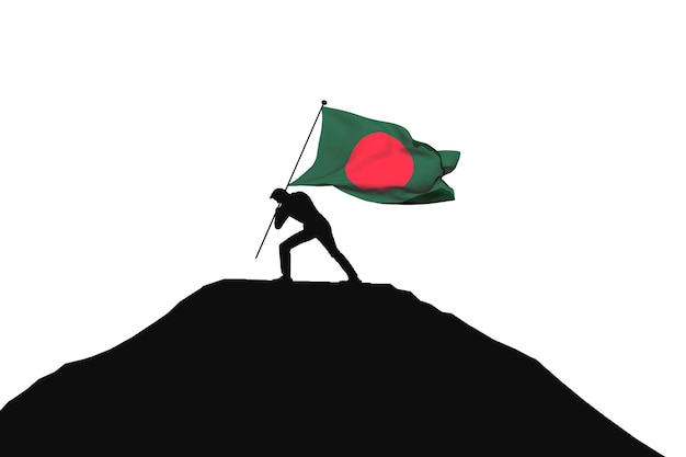 Фото Флаг бангладеш выталкивается на вершину горы мужским силуэтом 3d rendering