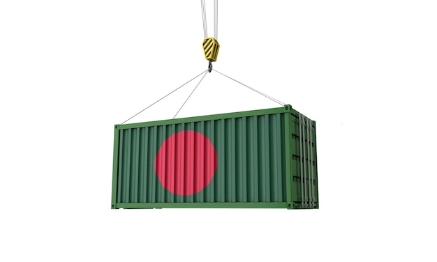 Bangladesh flag cargo trade container hanging from a crane d render