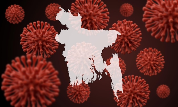 Bangladesh map over a scientific virus microbe background d\
rendering