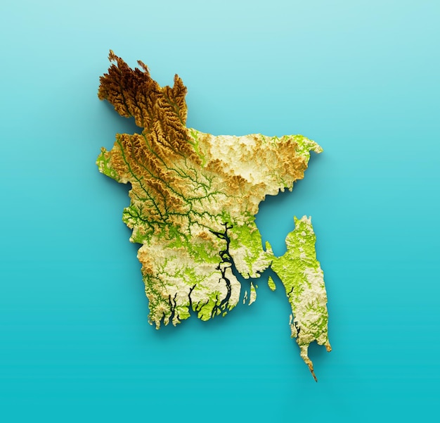 방글라데시 지도 음영 처리 된 구호 색상 높이 지도 바다 파란색 배경 3d 그림