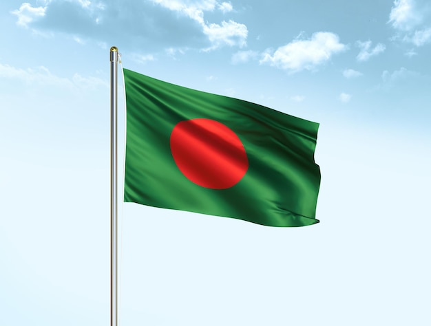 Bangladesh nationale vlag zwaaien in blauwe lucht met wolken Bangladesh vlag 3D illustratie