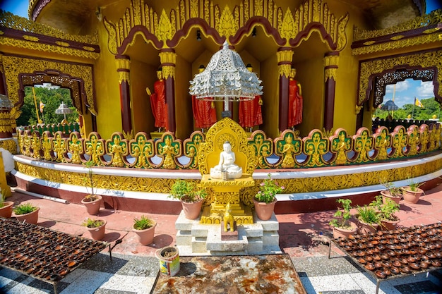 Bangladesh October 14 2019 Idols of Buddhist monks can be seen at the entrance of the Golden Temple at Balaghata Bandarban Bangladesh