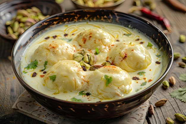 Бангладешские десертные сыровые пельмени Rasmalai, намоченные подслащенным шафраном и молоком