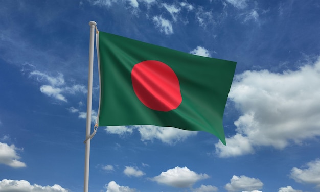bangladesh vlag zwaaiende textuur oppervlak groen rood oranje kleur blauwe lucht wolk wit kopie ruimte polit