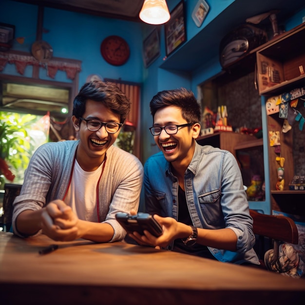 Photo bangladeshi 2 friend playing game and enjoying to seat inside of the house photography photo