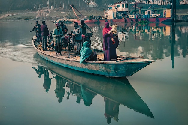 Бангладешцы путешествуют на лодке по реке
