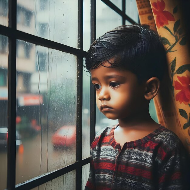 Bangladeshi Sad cute child looking trough the window on a rainy day Pensive child looking