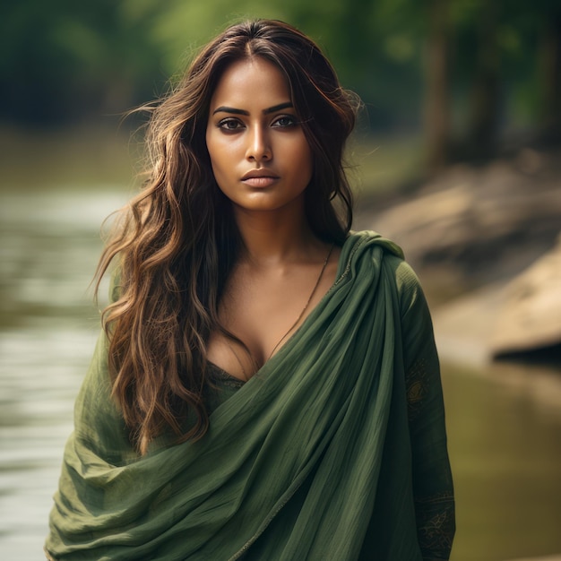 サリーを着たバングラデシュの女性が川の森に入ります