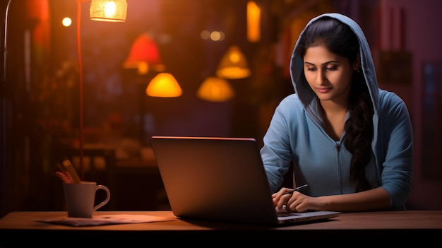 Фото Молодая студентка из бангладеш учится и работает на ноутбуке дома