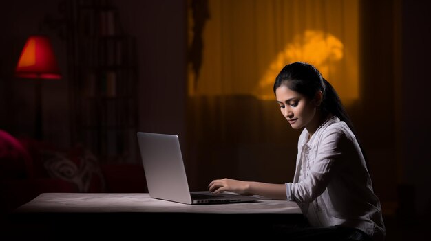 Фото Молодая студентка из бангладеш учится и работает на ноутбуке дома