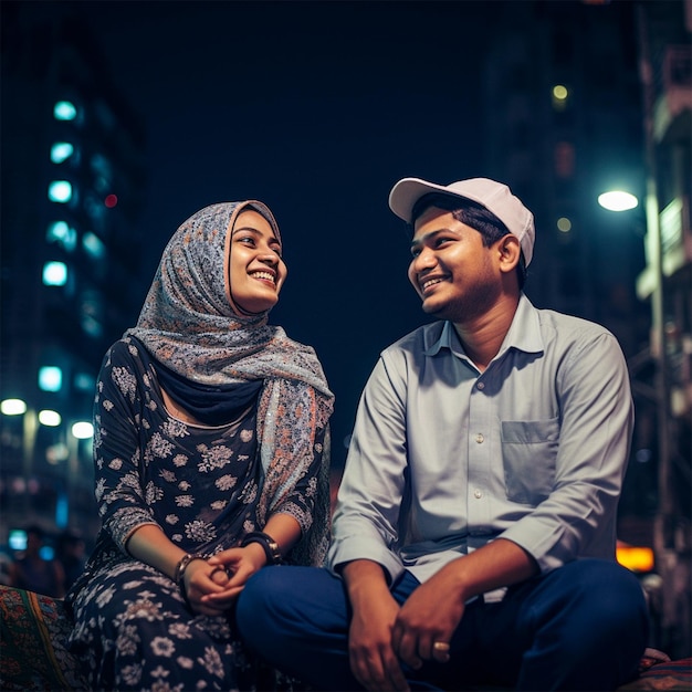 Foto bangladesj echtpaar zit naast de weg ze praten samen moslim echtpaar