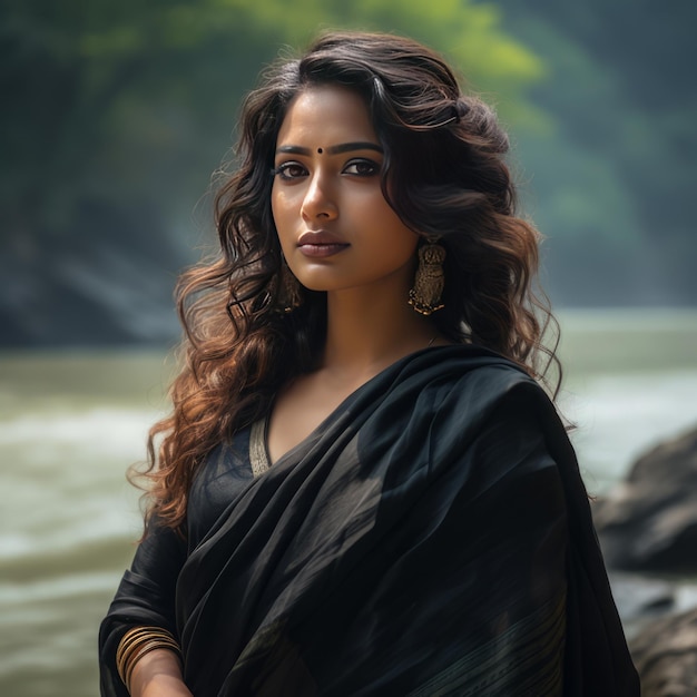 Bangladesjse vrouw met een sari die het rivierwoud binnengaat