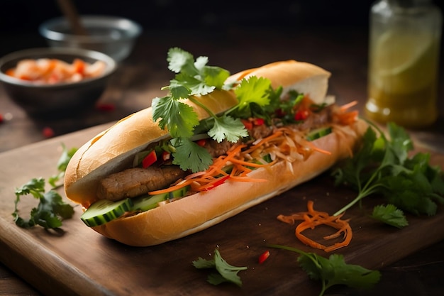 Banh Mi A vietnamese sandwich with a glass of beer