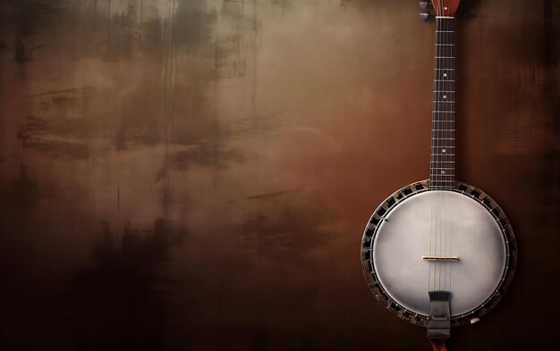 Foto un banjo con uno sfondo marrone e la parola banjo su di esso.