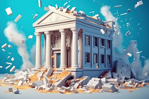 The bank building collapses and burns bankruptcy of a financial institution the bricks of the econom