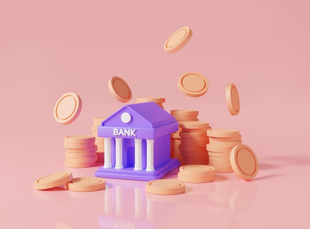 Bank building icon with coins stack on pink background finance bank transactions bank service money transfer online payment saving money Financial transaction concept 3d render illustration