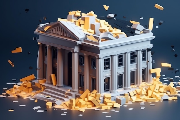 銀行の建物が崩壊している金融機関の破産経済経済のレンガ
