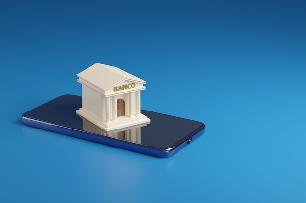 Costruzione della banca su un telefono cellulare con il testo della banca nell'illustrazione 3d spagnola