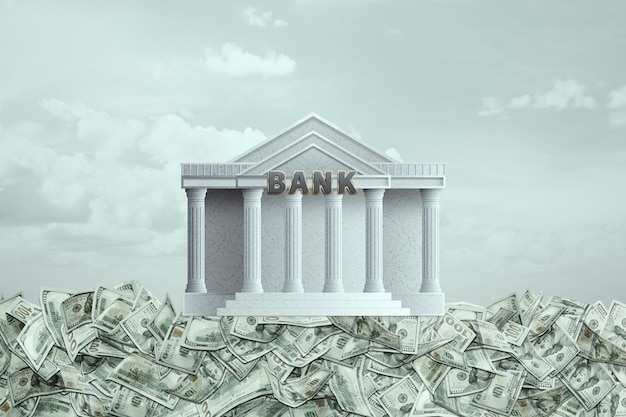 The bank building stands on a pile of money dollar bills Federal Reserve System economy deposit bank deposit credit banking system