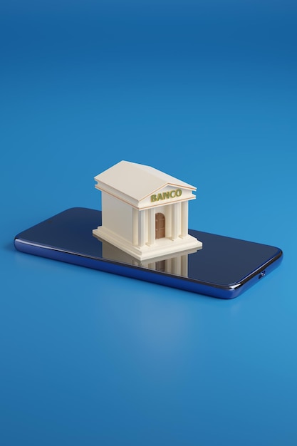 Bank building with bank text in spanish on a mobile phone 3d illustration