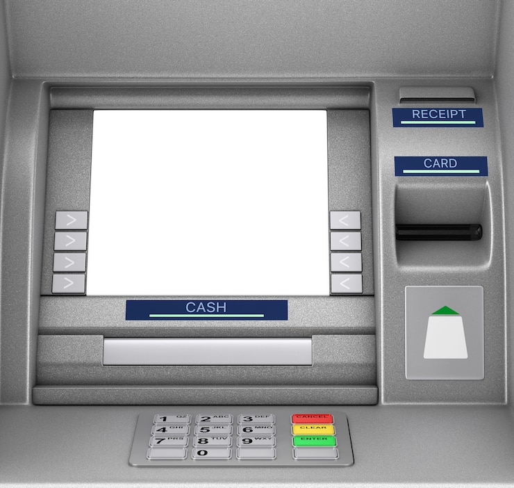 Photo 은행 현금 atm 기계 극단적인 근접 촬영입니다. 3d 렌더링